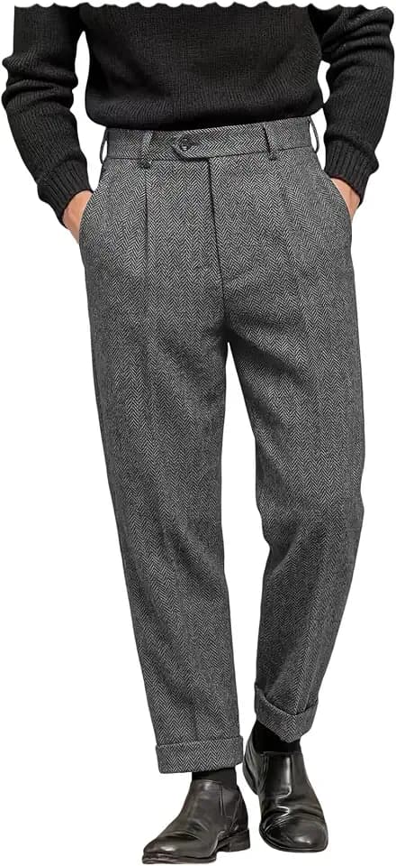 Men's Suit Pant Herringbone Tweed Dress Vintage Trousers Casual Thick Wool Pleated Front