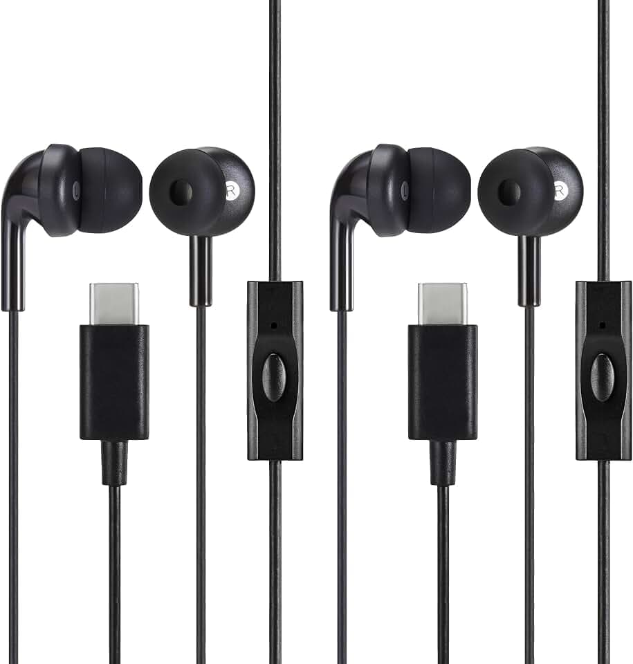 Amazon Basics USB-C Wired Earbuds, In-Ear Headphones with Built-In Microphone & Track Control, S/M/L Ear Tips, Compatible with Phones, Laptops & Tablets, 4.3 Ft. Cable, 2 Pack