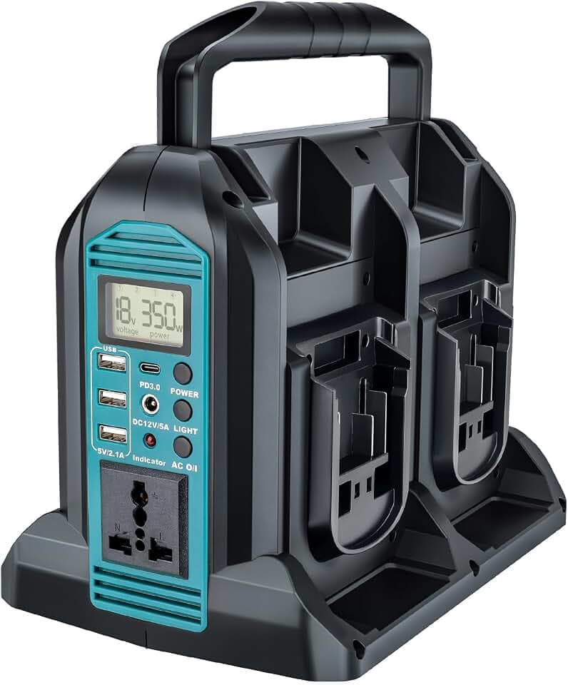 350w Wechselrichter für Makita 18v Akku, DC 18V auf AC 230V Reiner Sinus Spannungswandler, 4 Ports Stromwandler mit USB-A & USB-C Anschluss, 300LM LED Licht für Camping Notfall