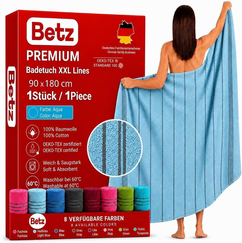 Betz Badetuch XXL Lines 90x180 cm – 100% Baumwolle, weich & saugstark – Strandtuch groß für Urlaub, Pool, Sauna & Outdoor – modernes Streifendesign Farbe Aqua
