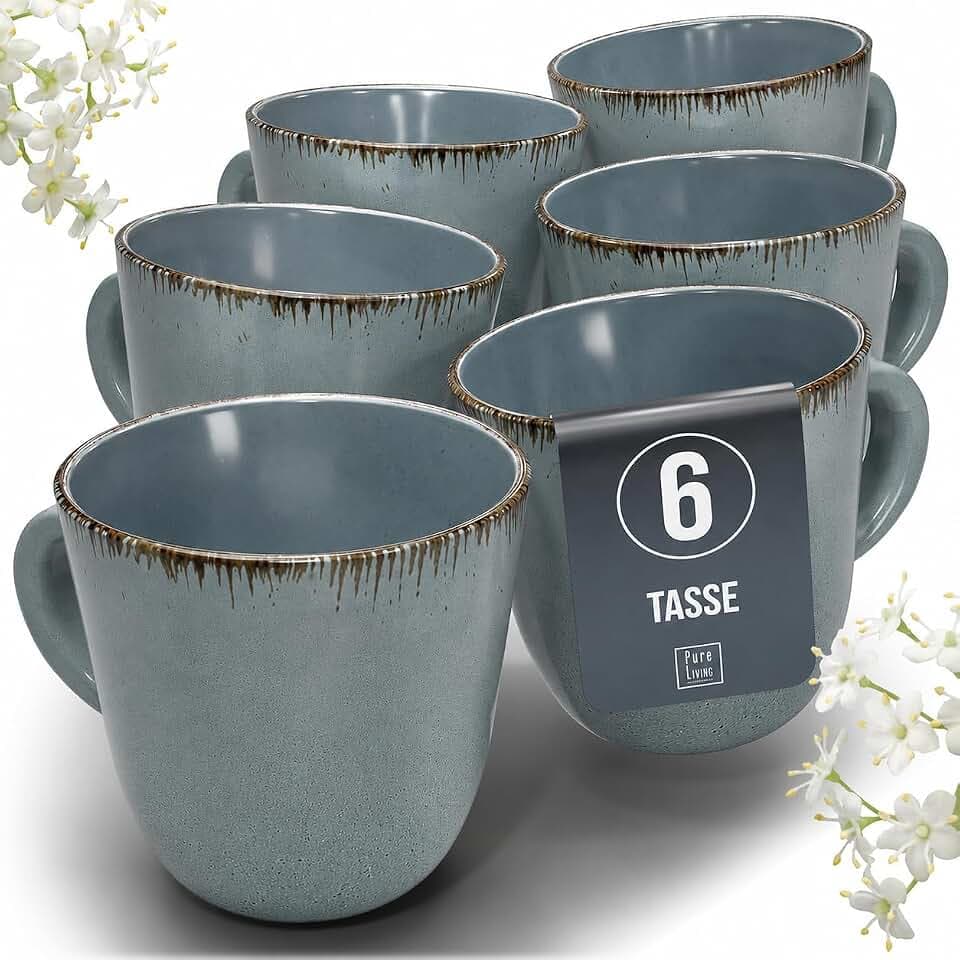 Steingut Kaffeetassen 6 Personen Rustic, Hochwertiges Landhaussttil Steingut Tassen Set, Stylisches Tee- und Kaffeebecher Set, Pure Living in Rauchblau