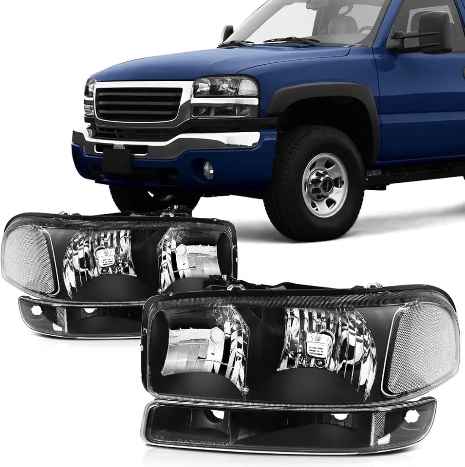 SCITOO Headlight Assembly Fits For GMC Sierra 1500 1999-2006,For GMC Sierra 2500 1999-2004,For GMC Sierra 3500 2001-2006,For GMC Yukon 1999-2006 headlamp in Black Housing Clear Reflector Clear Lens