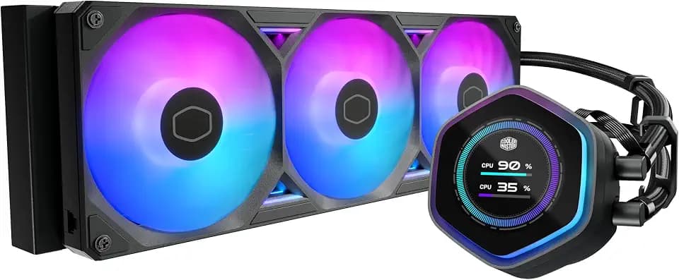 Cooler Master Masterliquid 360 Atmos Ii Lcd Argb Liquid Cpu Cooler, 360Mm, Dual Chamber Design, Customisable Lcd, Low Profile Pump, Black