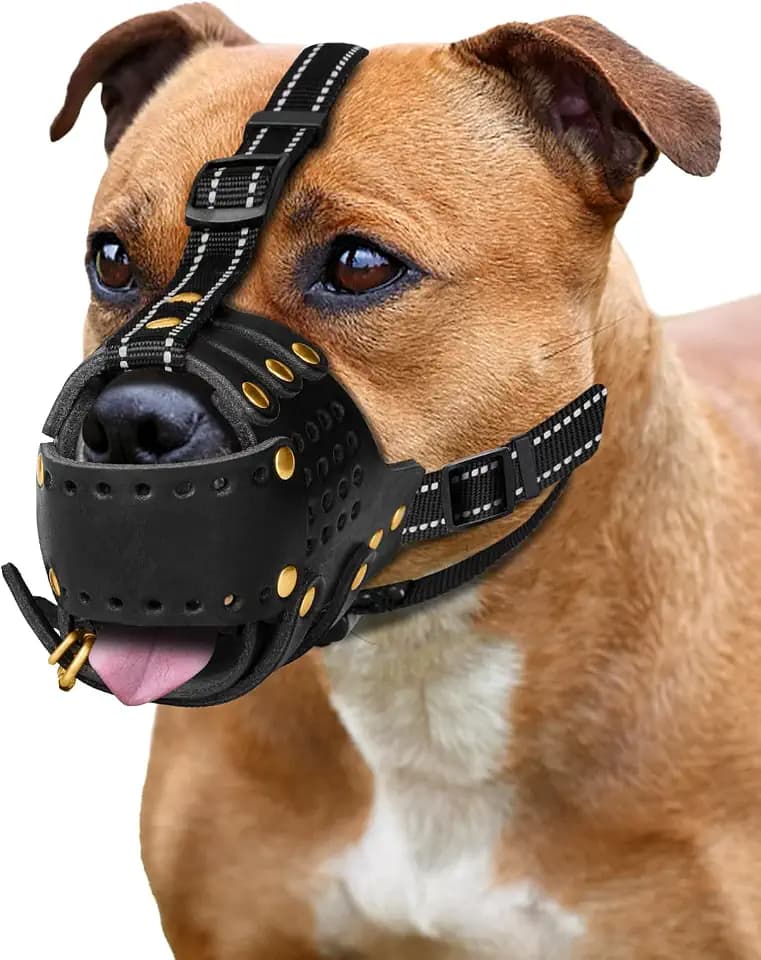 MIDOG Leather Dog Muzzle for X-Large Dogs, Breathable & Adjustable, Black