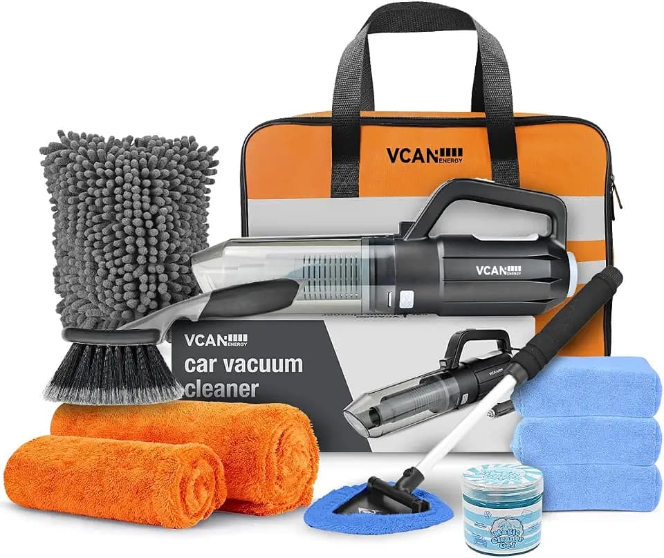VCANENERGY Car Cleaning kit, Car Interior Detailing kit with 10000pa Car Vacuum Cleaner, Wheel Brush, Windshield Cleaner Tool, Microfiber Towel, Wash Mitt, Interior and Exterior Car Wash kit with Bag