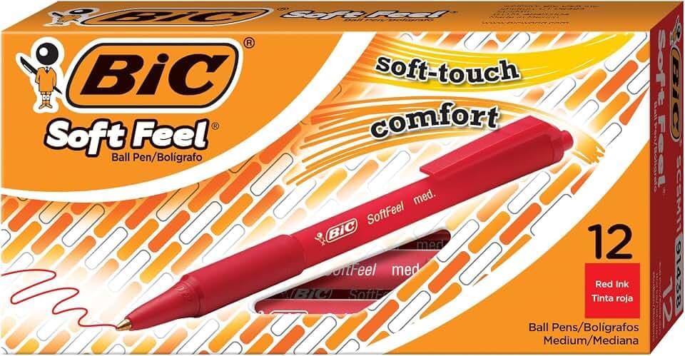 BIC Soft Feel Red Retractable Ballpoint Pens, 1.0mm Medium Point, 12-Count