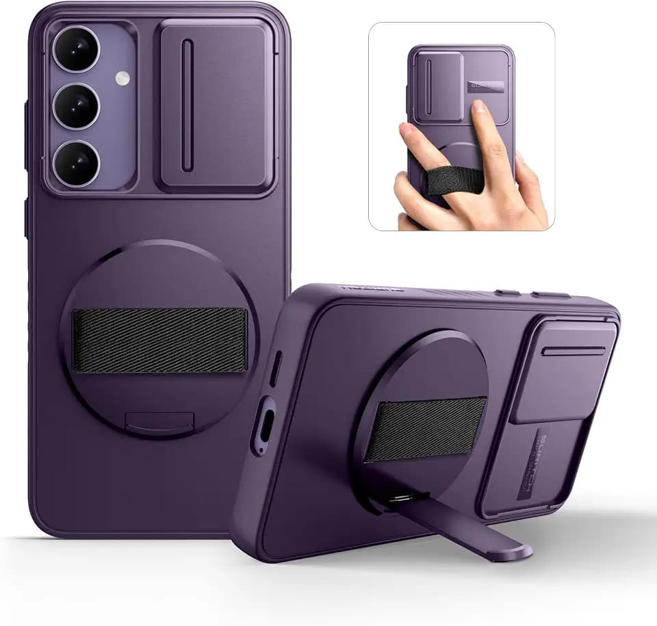SURITCH for Samsung Galaxy S24 Case [No Magnet Ring][360° Rotatable Phone Grip][Invisible Kickstand][Slide Camera Cover] -Dark Purple