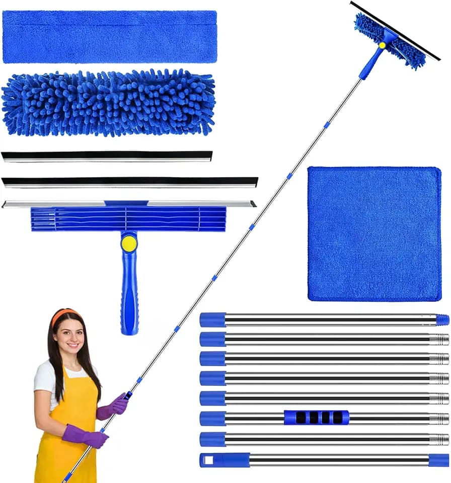 3M Fensterreiniger Set mit Teleskopstiel, Teleskop Fensterwischer Profi Fensterputzer mit Fensterabzieher und Wischtuch Fensterreinigungsset für Hohe Fenster, Bad, Dusche, Glas, Spiegel, Auto