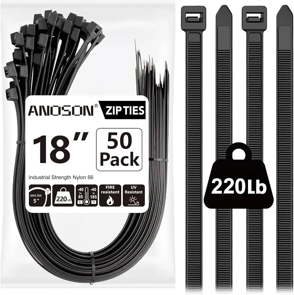 Large Zip Ties 18 inch, 50 Pack, Long Zip Ties Heavy Duty with 220 lb Tensile Strength, Big Cable Ties, Black, ANOSON