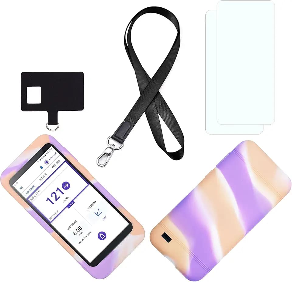 SNK Premium Silicone Case Mixed Colors (Includes Lanyard + Lanyard Patch + Screen Protector) for Omnipod 5 Receiver (Continuous Glucose Monitoring) (Pink/White)