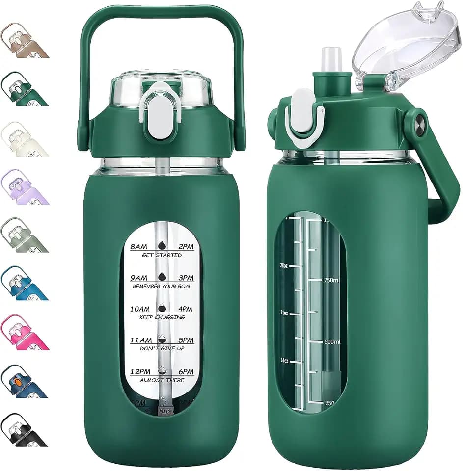 42oz Glass Water Bottles with Straw, Motivational Glass Bottle with Silicone Sleeve and Time Marker, Leakproof Large Glass Water Jug for Gym Home Office, Ink green