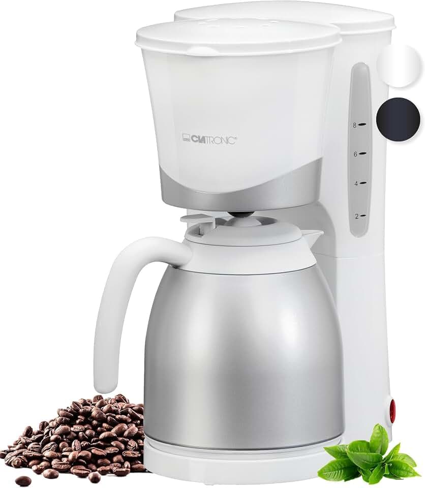Clatronic® Kaffeemaschine mit Thermoskanne | für 8-10 Tassen Kaffee | kein Temperaturverlust | Filterkaffeemaschine | 1 Liter | Coffee machine | Filterkaffeemaschine mit Thermoskanne | KA 3327 weiß