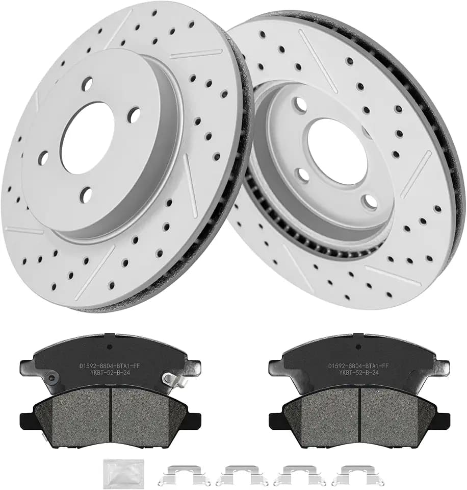 Front Brakes and Rotors Kit, Ceramic Brake Pads and Drilled and Slotted Brake Rotors, Fit for 2015 2016 2017 2018 2019 Nissan Micra, 2012 Versa 1.6L, 2013-2019 Versa, 2014-2019 Versa Note