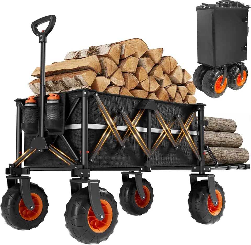 Collapsible Wagon Heavy Duty Foldable 200L Large Garden Utility Cart, 10" Big Wheels All Terrain, 800lbs Collapsible Wagons Carts with Extended Tailgate for Camping Beach