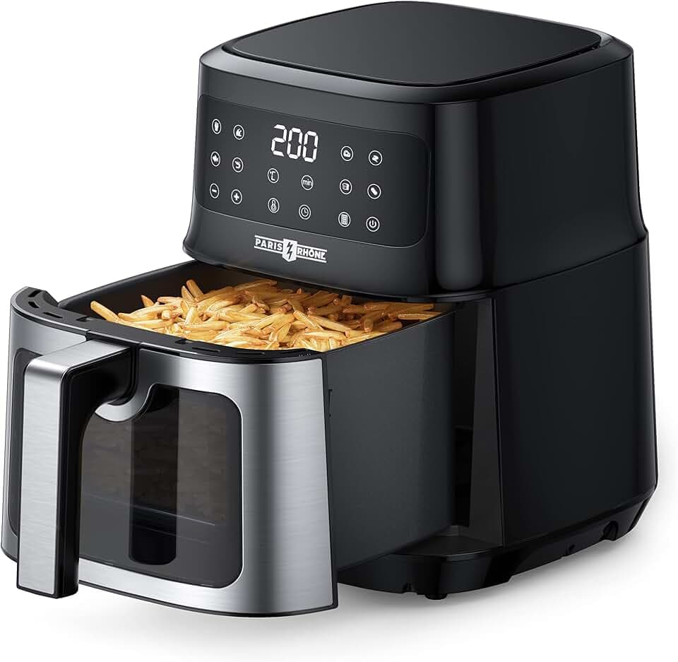 PARIS RHÔNE Heißluftfritteuse 5L XL mit Sichtfenster, 8-in-1 airfryer spülmaschinenfest mit One-Touch-Bedienung, antihaftbeschichteter Korb & abnehmbares Tablett