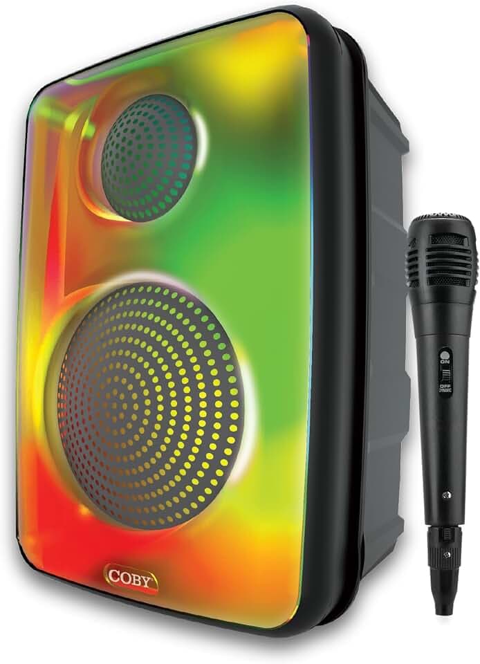 Portable Bluetooth Party Speaker w/Karaoke Mic, 5 Light Modes, Rechargeable