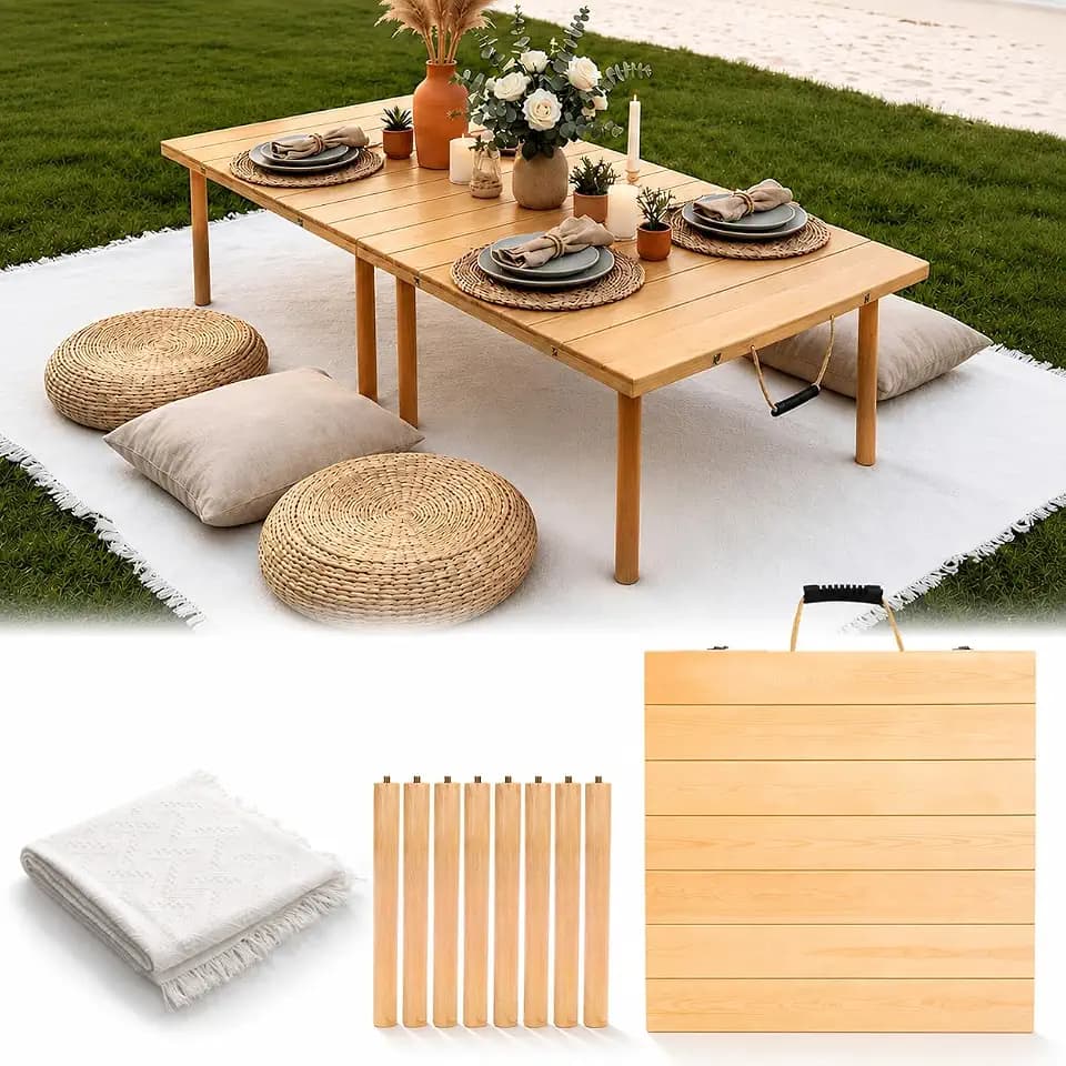 Low Picnic Table Portable, 60" X 30" Boho Picnic Table with Large Picnic Mat for Indoor,Outdoor,Camping, Wedding, Beach, Garden, Party(Large Size for 6-8)