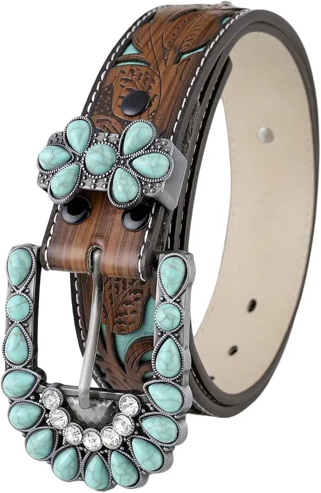 GORGLITTER Women's Turquoise Western Belts Leather Country Cowboy Belts