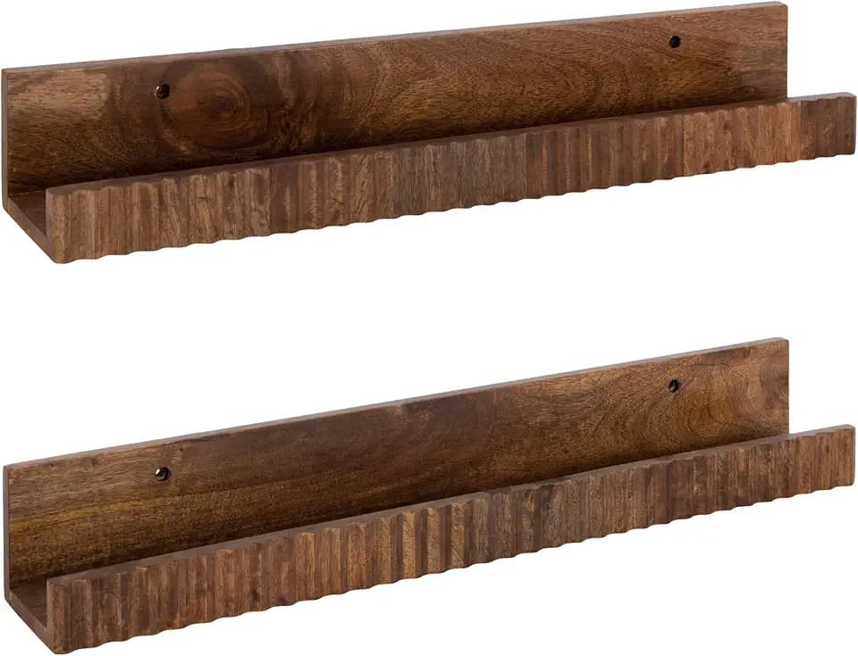 Kate and Laurel Furrow Modern Wood Photo Display Ledges; Set of 2; 24 Inches; Walnut Brown; Scalloped Floating Picture Ledge Shelf Set with Lip for Use as Nursery Book Shelves or Gallery Wall Decor