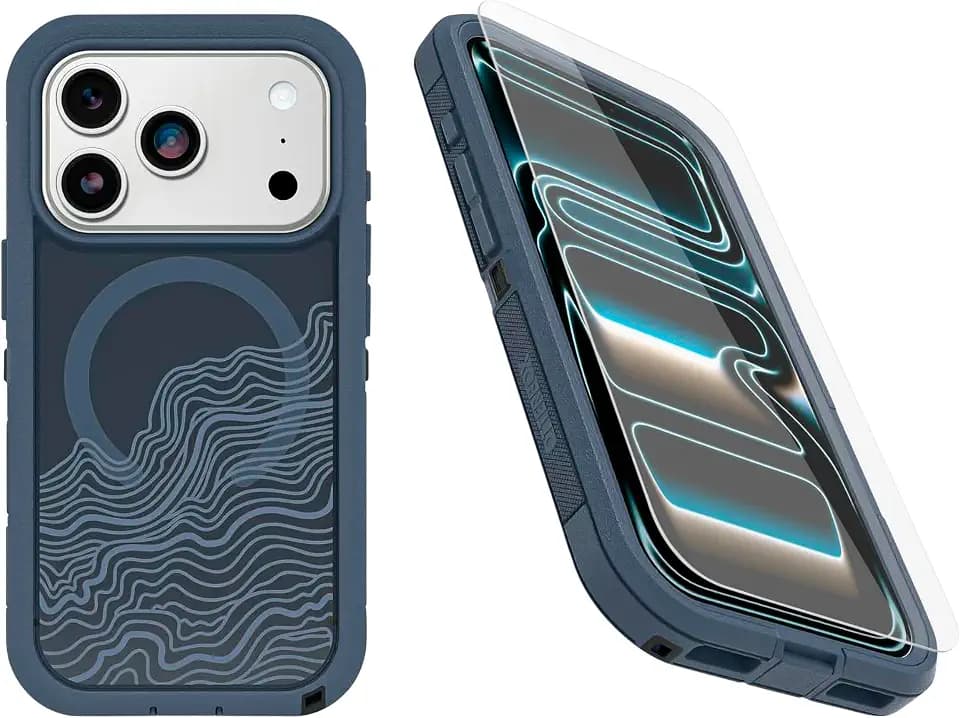 OtterBox iPhone 17 Pro (Only) Bundle: Defender Series XT Clear Case & Screen Protector - Offgrid (Blue) - Snaps on MagSafe - Tough - Rugged & Durable