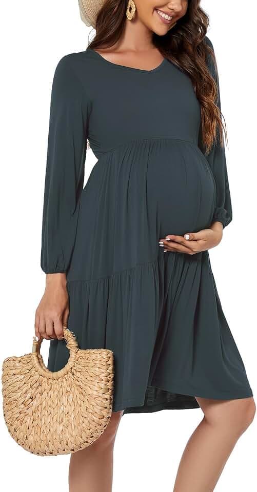 Smallshow Damen Umstandskleid Langarm Schwangerschafts Umstandsmode Kleid Dark Grey L