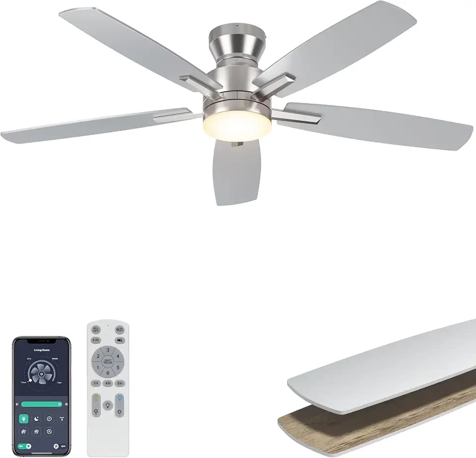 Ohniyou 52'' Silver Low Profile Ceiling Fan with Lights, Remote/APP Control