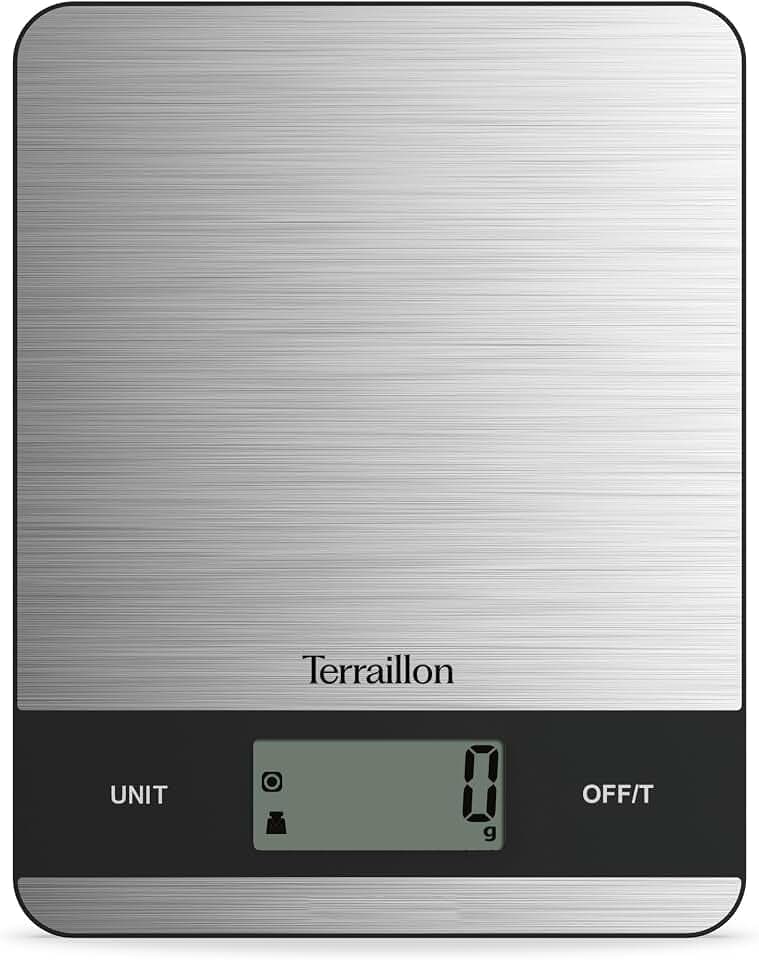 TERRAILLON - SLIM STEEL – Elektronische Küchenwaage, großes LCD-Display, Edelstahlplatte, ultradünnes Design, Kapazität 5 kg, Skala 1 g, Tara – Konvertieren von Flüssigkeiten, automatische