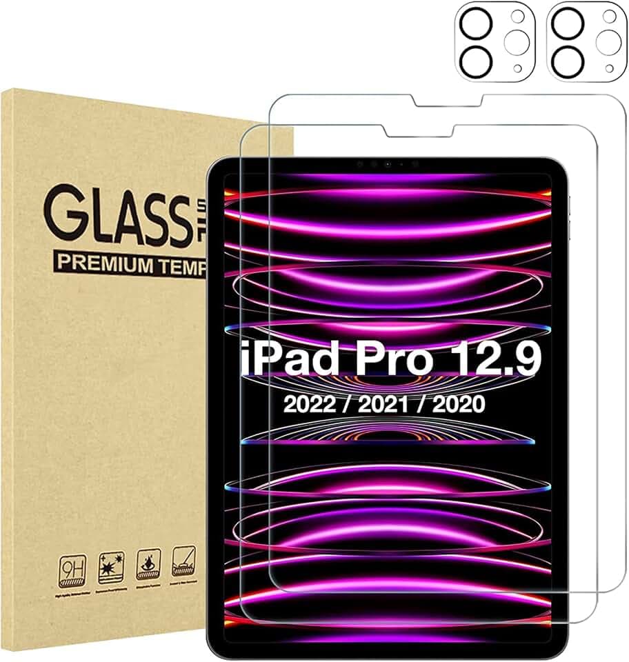 XZC [2 Stück] Schutzfolie für iPad Pro 12,9 Zoll Modell 2022/2021/2020/2018 (6./5./4./3.Generation) mit Kamera Schutz, Gehärtetes Glas Foli Unterstützt Pencil & Face ID (Displayschutz)