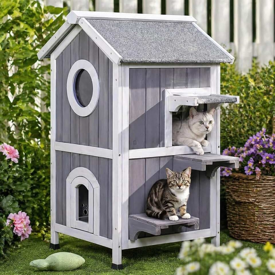 GEGURI Large Wooden Insulated Outdoor Cat House - Weatherproof Feral Cat Shelter with Escape Door for Winter Indoor