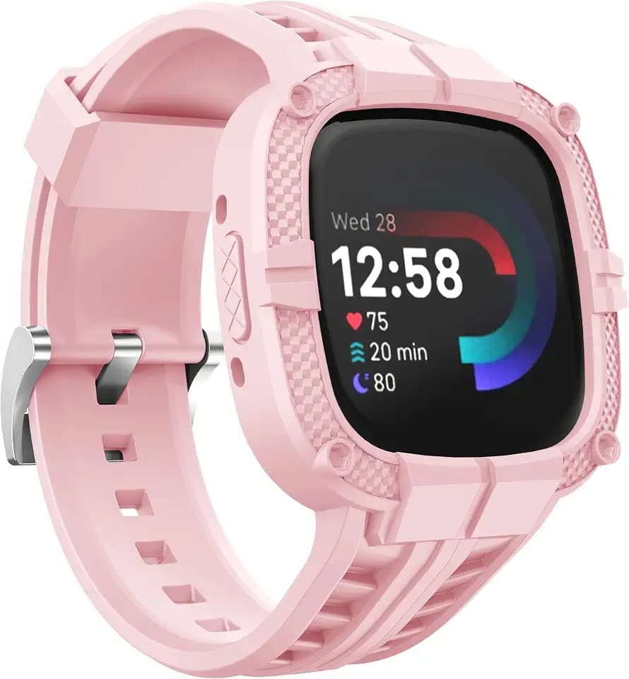 Compatible for Fitbit Versa 4/ Fitbit Sense 2 Bands Rugged Protective Case with TPU Sport Band Wristbands, Military Shockproof Bumper Case for Men Women, Pink