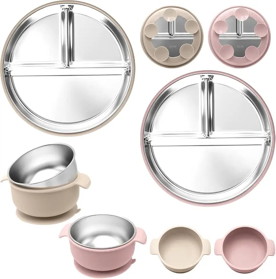 2 Stück Edelstahl Babyteller mit Saugnapf + 2 Stück Edelstahl Breischale Baby Schüssel mit Saugnapf, Abnehmbare Silikonhülle Kinder Geschirr Set, BPA-Frei, Spülmaschinenfest (PinkBeige)