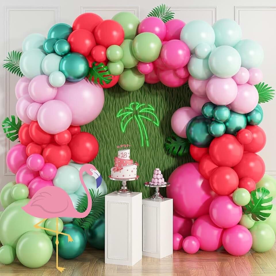 Rose Pink Green Flamingo Balloons Arch Tropical Hawaii Luau Aloha Birthday