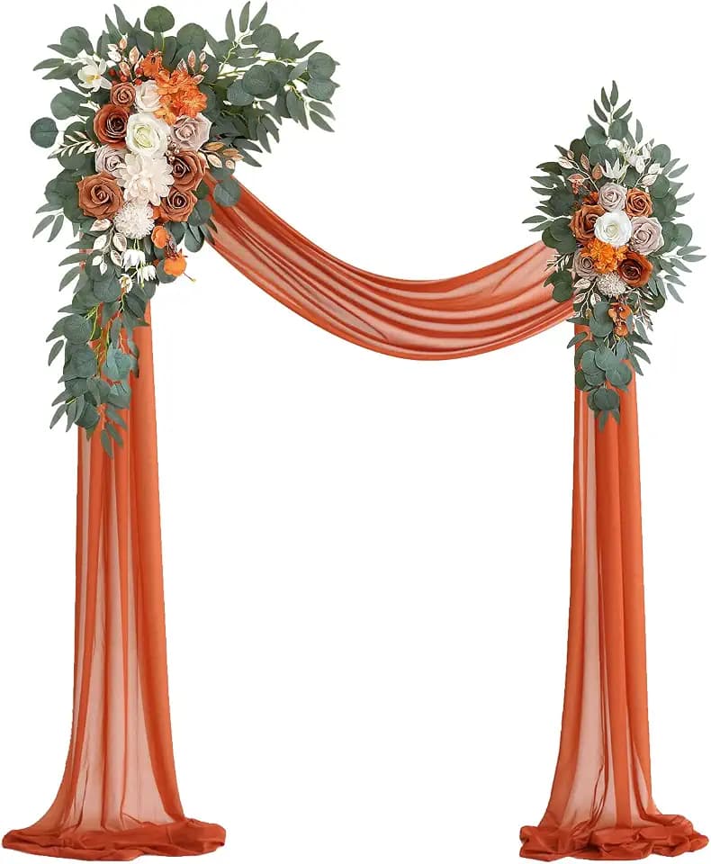 Olalaka Künstlicher Hochzeitsbogen-Blumen-Set, gebranntes Orange, 3 Stück, mit 7,8 m Terrakotta, glänzender Bogen, Drapierstoff für Heimwerker, Hochzeit, Party, Zeremonie, Empfang, Hintergrund,