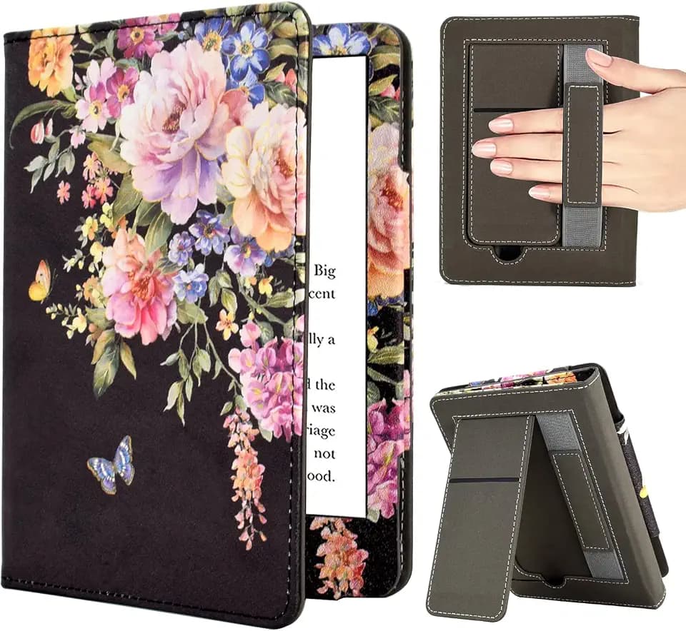 Case for 6" Kindle Paperwhite (10th/7th/6th/5th Generation, 2012-2018 Release), Premium PU Leather Cute Cover Case with Foldable Stand, Hand Strap, Card Slot, Auto Sleep/Wake - Butterfly Flower