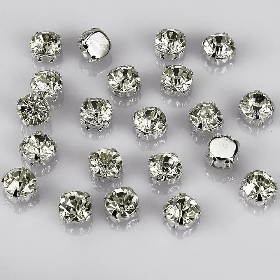 Kristall-Strasssteine, tschechisches Glas, mit Ringen zum Aufnähen, mit versilberter Messing-Basis, Halterung mit Zinken, zum Aufnähen auf DIY-Projekte, glas, White Crystal-10mm-50pcs