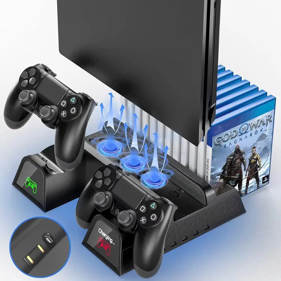 Vertikaler Ständer Kühlung Lüfter für PS4, All-in-One Vertikaler Standfuß mit Controller Ladesation und 12 Spiele Lagerung & 3 USB Hub, Kompatibel für PlayStation 4/PS4 Pro/PS4 Slim