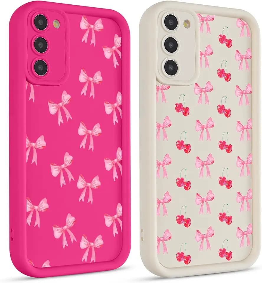 2 Pack Cute Coquette Bow Phone Case for Samsung Galaxy S23 Plus 5G 6.6", Aesthetic Pink Cherry Ribbon Bowknot Pattern Print Design Women Girls Case Soft Shockproof TPU Protective Funda Cover