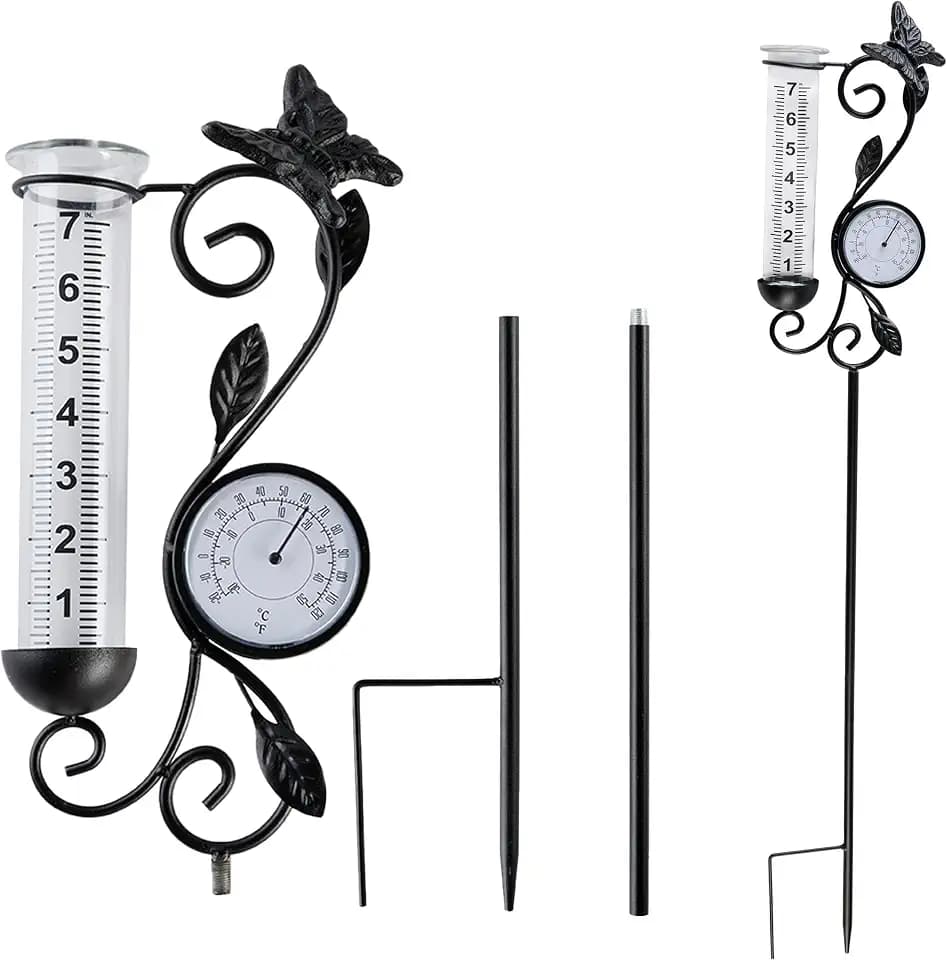 Rain Gauge Outdoor with Thermometer, 36.5" Black Butterfly Stake
