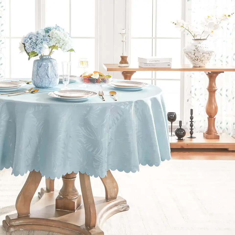 Round Tablecloth 80 Inch Fabric Table Cloth Leaves Pattern Scalloped Edge Silky Soft Tablecloth Waterproof Wrinkle Resistant Washable Table Cover Dinning Party Banquet Decoration (Blue)