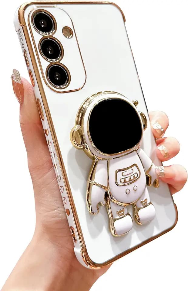 phylla Phone Case for Samsung Galaxy S25 5G 6.2",Luxury Plating Astronaut Stand Holder Case with Cute Love Heart Side Small Pattern Soft Silicone Shockproof Kickstand Cover Bumper (White)