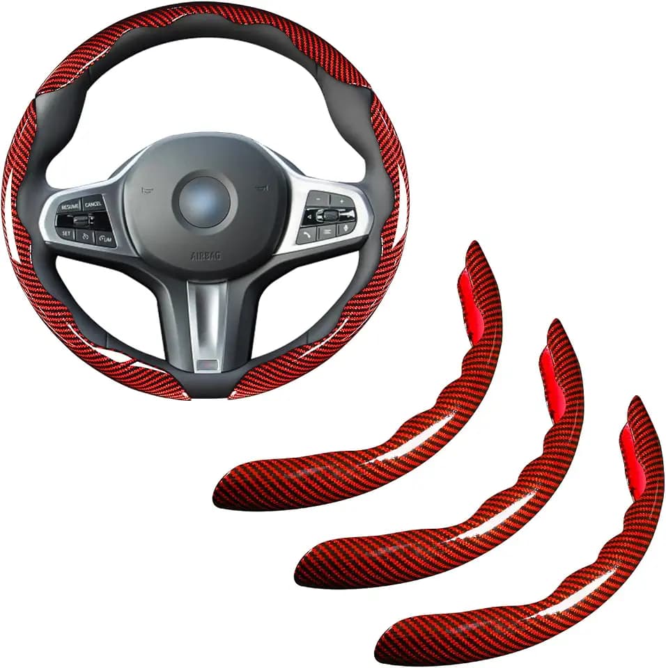Car Steering Wheel Cover Set Bright Carbon Fiber Wrap Non-Slip 3pcs Steering Wheel Accessories 14.5-15 inch Universal (Red)