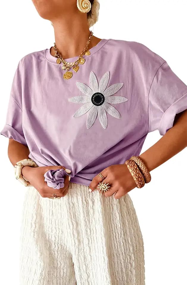 Women's Loose Fit Short Sleeve Crew Neck T-Shirt Solid Casual Floral Tops for Beach Work and Everyday Wear