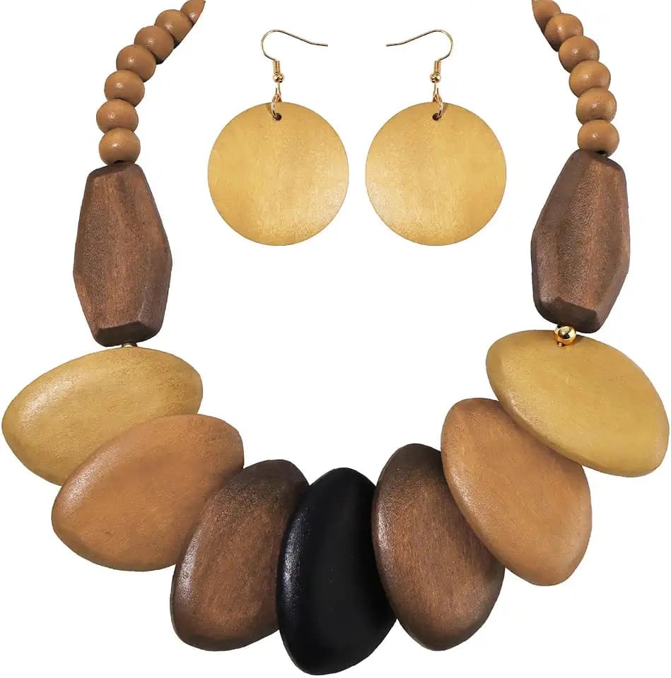 Coiris Chunky Wooden Necklace and Earring Set for Women Boho Statement Jewelry Ethnic Accessories