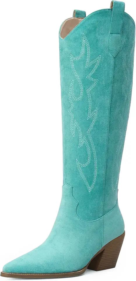 iiimmu Cowgirl Boots Women Knee High Boots Pointed Toe and Block Heel Cowboy Suede and Faux Leather Boots with Embroidered
