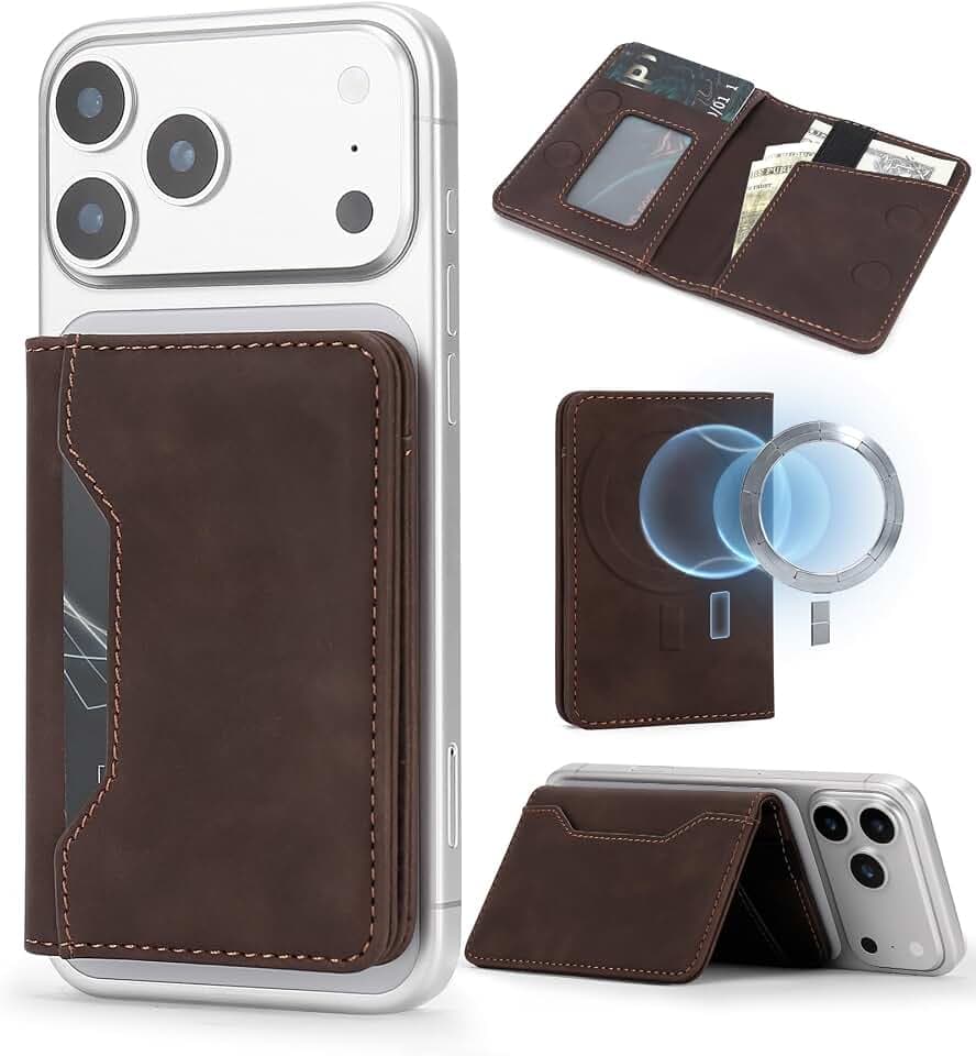For MagSafe Wallet,Magnetic Card Holder RFID Blocking Wallet with 5 Card Slots & Cash Pocket For iPhone 17/16/ 15/14/ 13/12/ Pro/Max/Plus/Air Vintage Brown