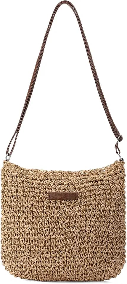 RNIEGA Straw Beach Bag for Women Small Woven Crossbody Bag Summer Mesh Hollow Beachy Purse Shoulder Bag for Vacation