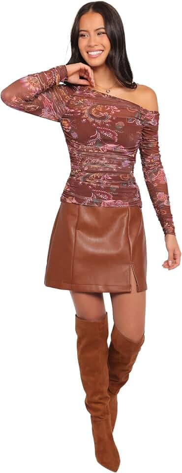 Petal & Pup Elfrida Off Shoulder Mesh Top - Brown Floral M
