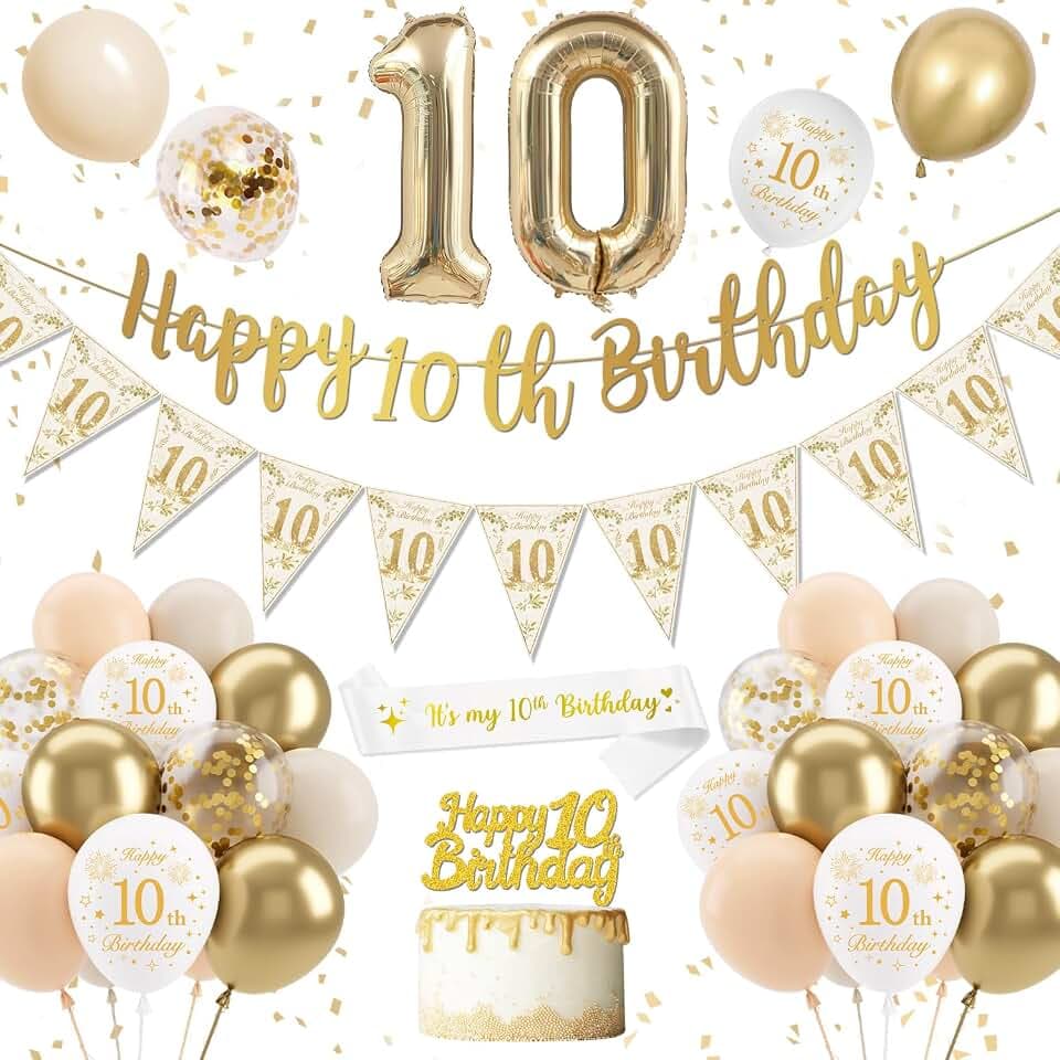 Deko 10. Geburtstag Mädchen, Weiß Gold Geburtstagsdeko 10 Jahre Mädchen, Banner Deko Konfetti Ballon 10 Geburtstag Tortendeko für 10 Geburtstag Mädchen