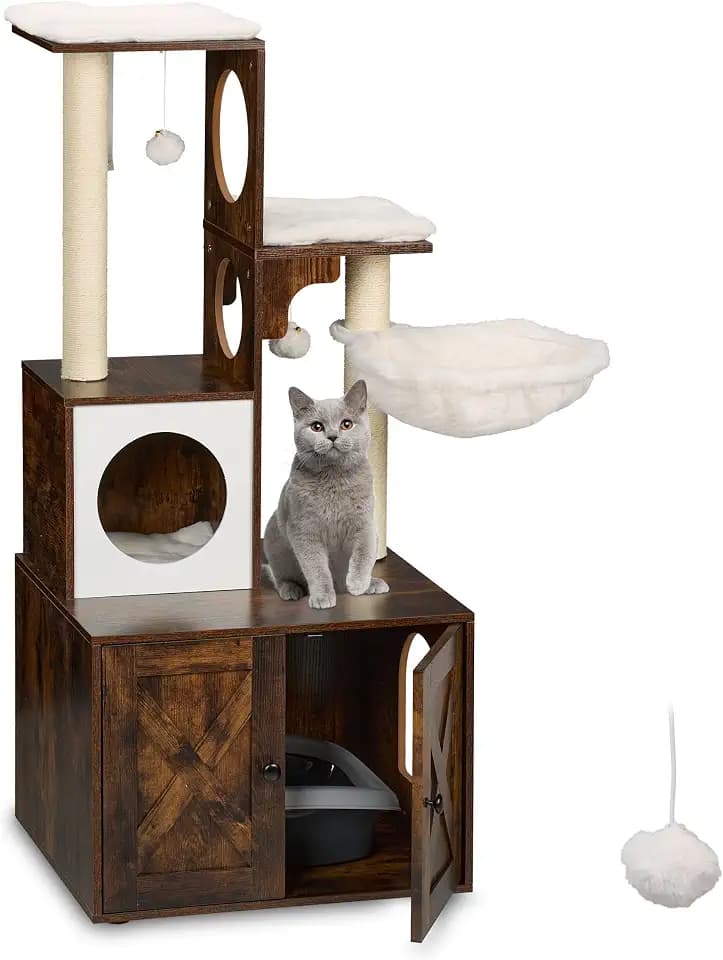 Relaxdays Kratzbaum mit Katzenkloschrank, HBT: 128x95x52 cm, Sisalstämme & Liegemulde, Industrial, Katzenturm, Farben