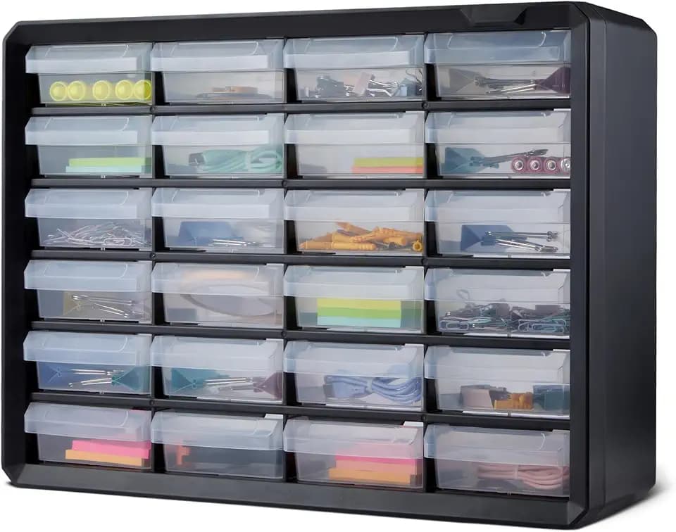 Amazon Basics Schubladenbox, 24-Fächer Kleinteilemagazin aus Kunststoff mit Trennwänden für Büro/Werkzeug/Basteln, Wandmontage, 16 x 54,1 x 40,1 cm, Schwarz
